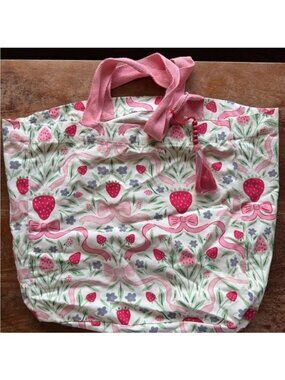 Laura Ashley Pink Strawberry Floral Bow Print Canvas Tote Reusable Large Bag NEW